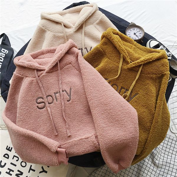 

fashion lamb cashmere warm casual sweatshirt winter korean harajuku loose letters hooded embroidery letter women sweatshirts, Black
