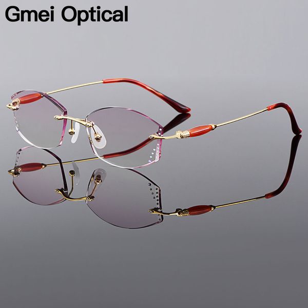 

gmei optical fashion pure titanium women diamond trimming rimless golden glasses frame with gradient tinted plano lenses q26028, Black