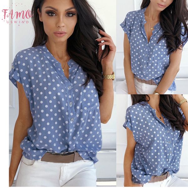 

blue polka dot print womens and blouses short sleeve v neck slim blouse women summer clothes casual loose shirts, White