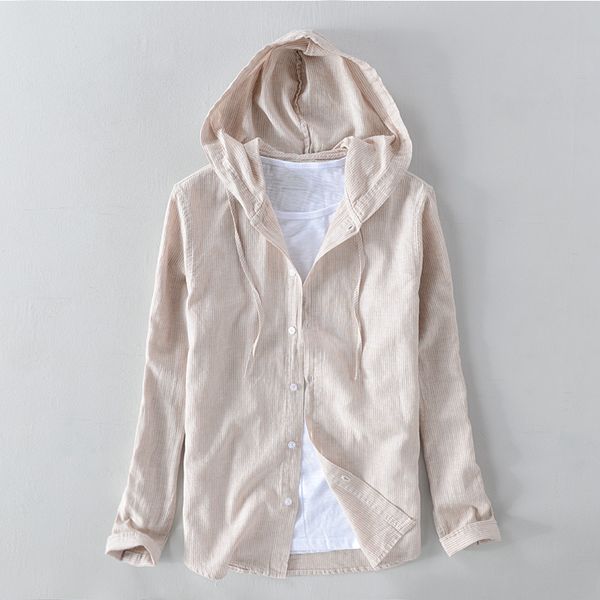 

2019 mens cotton and linen casual hooded long-sleeved shirt brand fashion shirt men stripe unique design shirts men chemise, White;black