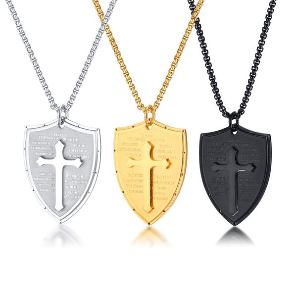 

punk titanium stainless steel cross bible shield pendants necklace for men hip hop rock jewelry gold silver black