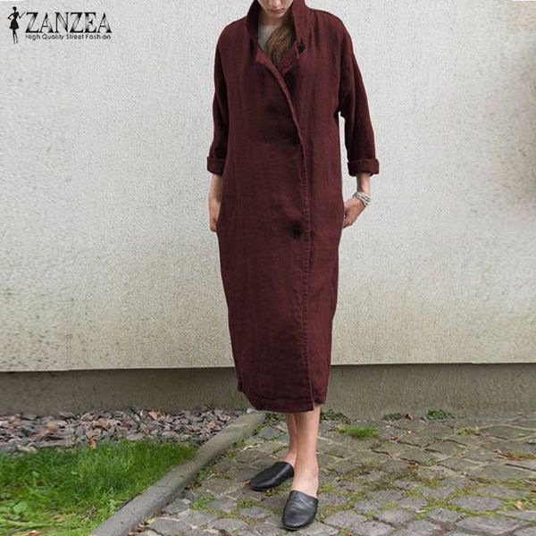 

zanzea women jackets vintage autumn laple neck long sleeve buttons long windbreaker cotton linen cardigan coats casual outwear, Black;brown