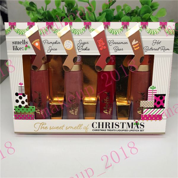 

2019 newest lips makeup Melted Matte Lipstick Set The Sweet Smell of Christmas Treats Liquified Lipstick Set= 4 color ePacket shipping