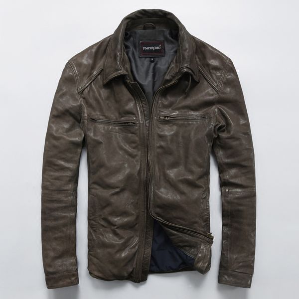 

men's vintage sheep leather lapel short slim genuine leather jacket male motorcycle jacket, Black