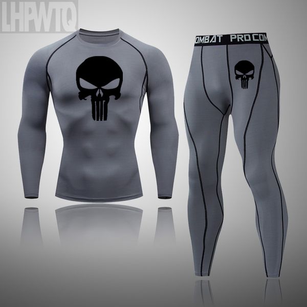 

men tracksuit running sets punisher compression shirt quick dry tights t-shirt clothing fitness skull sports suit rashgard, Black;blue