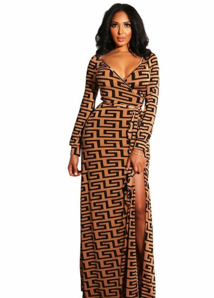 

women print letter deep v-neck split dress summer fashion casual holiday long sleeve dresses clothes, Black;gray