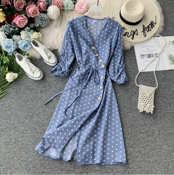 

2020 fashiondot print chiffon slash neck v neck a-line lmidi dresses flare sleeve single breasted high waist slim dress, White;black