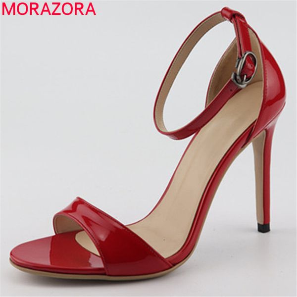 

morazora 2019 big size 46 thin high heels shoes ladies summer party wedding dress shoes buckle fashion women sandals red, Black