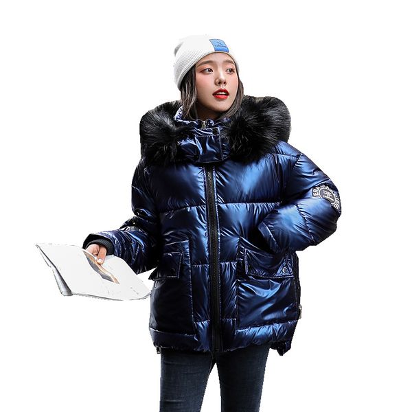 

winter jacket women parkas 2019 lady new bright coat female short paragraph down cotton padded jacket with large wool, Black