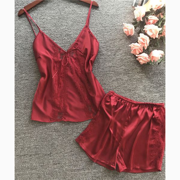 

sleepwear pajamas women home clothes satin pajamas silk pajama shorts set lace pjs pijamas pijama mujer sleep 2020, Black;red