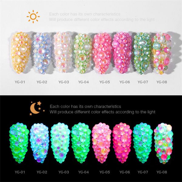 

luminous crystal nail art rhinestone decorations ss6-ss20 3d glitter diamond drill jewelly flatback glow in the dark ornaments f0051, Silver;gold