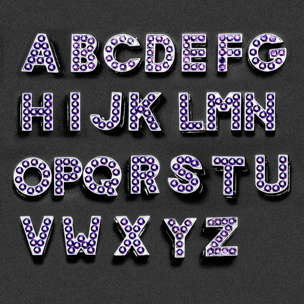 

a-z purple crystal letter slide charms rhinestone initial alphabet sliders fit for 8mm leather bracelet keychains phone straps, Bronze;silver