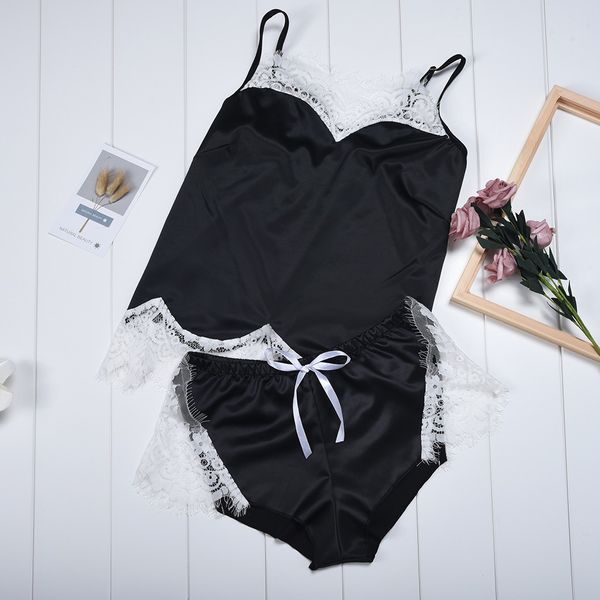 

womail polyester material 2pc set nightwear women solid color sleeveless lace design underwear female 19feb19, Blue;gray