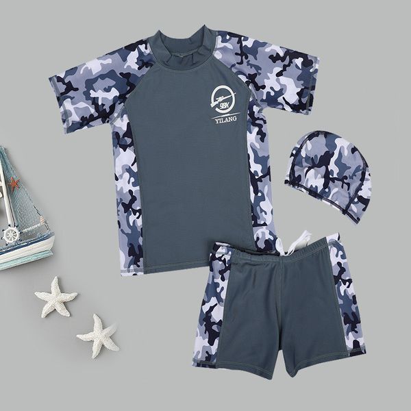 

7-15 years kids teen boys swimwear 3pcs swim suit( t shirt+ trunk+cap) breathable beach swimsuits sunblock pool bathing suit
