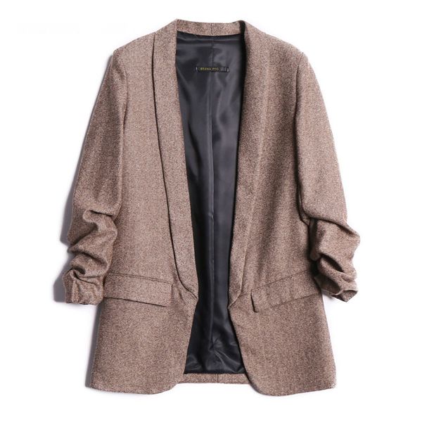 

rejinapyo women tweed vintage blazer notched collar pleated sleeve office lady casual fashion blazer coat with pockets, White;black