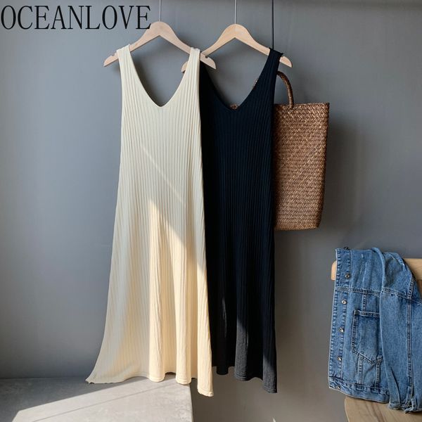

casual dresses oceanlove knitted solid long v neck korean vintage 2021 summer all match chic basic fashion vestidos 16080, Black;gray