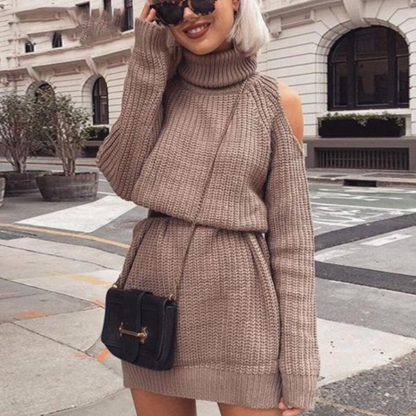 

autumn winter turtleneck off shoulder knitted sweater dress women solid slim plus size long pullovers knitting jumper, White;black