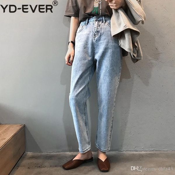 

yd-ever korean retro mom jeans woman 2020 casual high waist ankle length spring loose harem pants, Blue