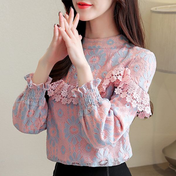 

2019 spring women lace blouse fashion elegant lady shirt autumn winter plus velvet female warm 3003ly, White