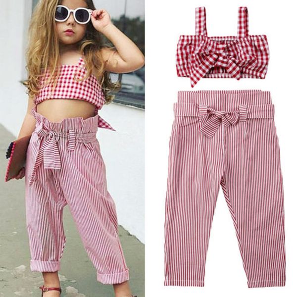

kids baby girl clothes set 2pcs off shoulder toddler sleeveless plaid + striped pants outfit set vetement enfant, White