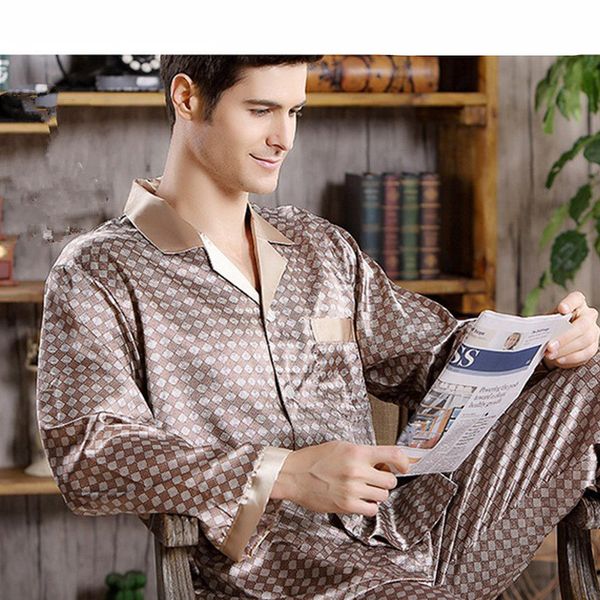 

men's sleepwear men pajamas sets cozy soft long-sleeved + trousers two pieces set plus sizesilk for home clothes, Black;brown