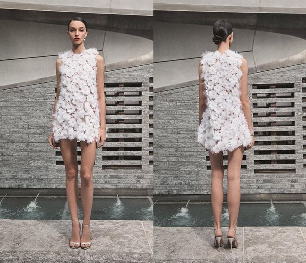 2020 Nuovi abiti da sposa corti Naeem Khan Gioiello Collo in pizzo 3D Applicazioni floreali Mini Abiti da sposa Una linea Sweep Train Abito da sposa Boho