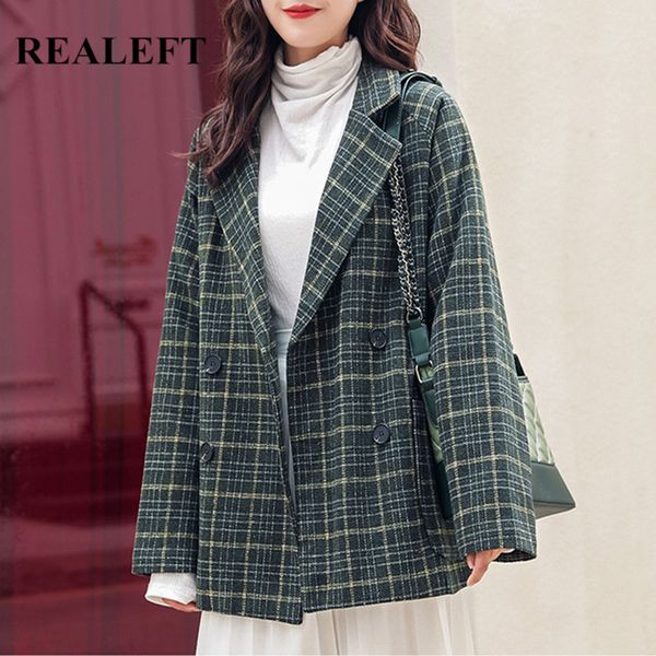 

realeft autumn winter korean style plaid woolen blazer coat long sleeve double breasted office ladies loose coat jacket female, Black