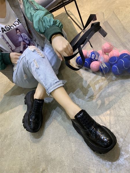 

fashion brand women's shoes luxury women's boots new leather british style wild small shoes thick heel patent leather shoes loafer, Black