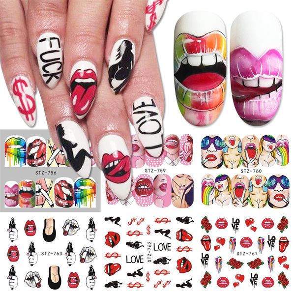 

nail stickers lips cool girl water decals wraps cartoon sliders for nail decoration manicure colorful tip, Black