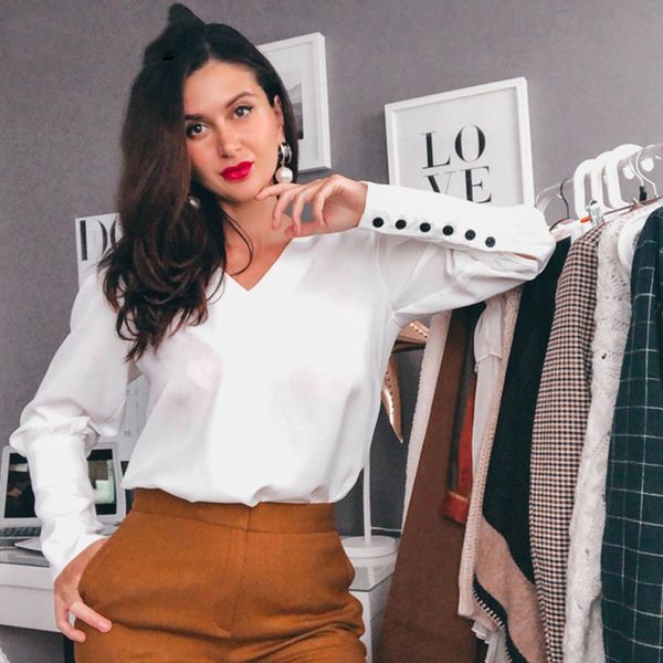 

fashion-v neck women blouse shirt puff sleeve button white blouse autumn winter lady shirt female office chiffon blouse