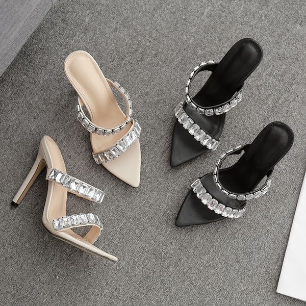 

glitter slides shoes woman 2020 slippers heels low pointed toe slipers women jelly high new thin party fabric crystal basic, Black