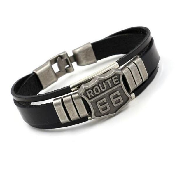 

mens fashion route 66 rivet charm bracelets punk retro multilayer leather bracelets for men women statement cuff bangles jewelry gifts, Golden;silver