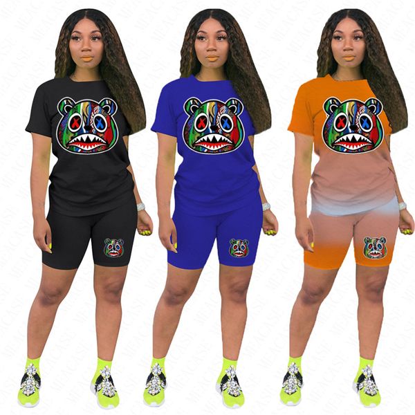 

s-3xl cartoon women shorts set designer tracksuit animal face printed t shirt and shorts outfits summer two piece sets sportswear d62302, White