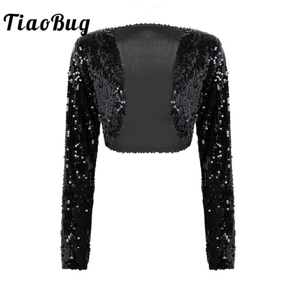 

tiaobug women shiny sequins long sleeve cropped bolero shrug jacket club party jazz dance costumes festival rave clothes, Black;brown