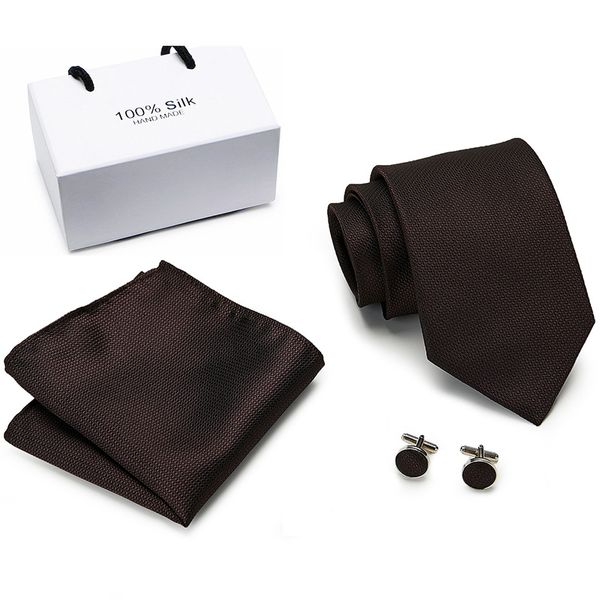 

new fashion classic solid plain brown men tie pocket square cufflinks set black blue green silk necktie suit wedding business, Blue;purple
