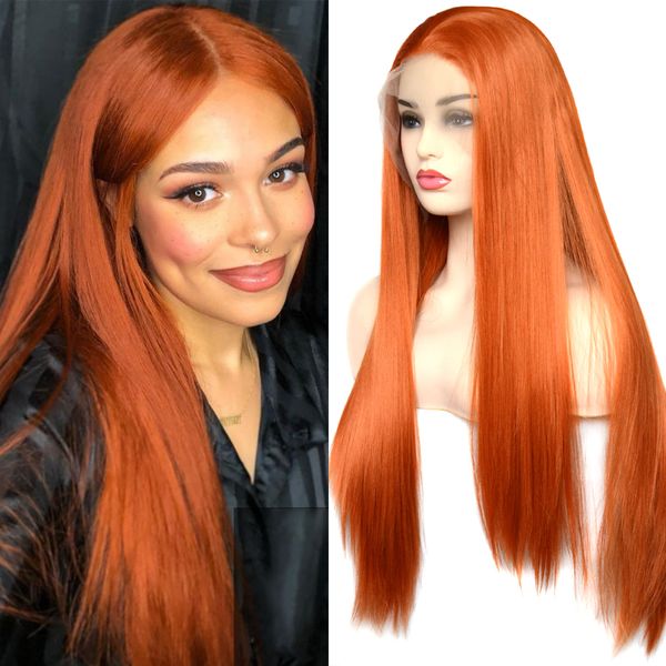 

оранжевый длинный шелковистый прямой парик синтетические парики фронта шнурка естественная линия роста волос термостойкие волокна синтетичес, Black