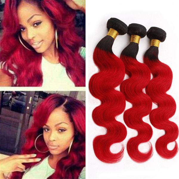 Dark Roots Bright Red Ombre Virgin Hair 3 Bundles Deals Two Tone