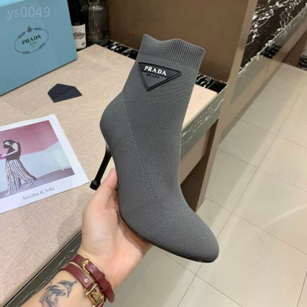 

european station short boots women's stiletto high-heeled black boots breathable spring and autumn 2020 new round head knitted boots