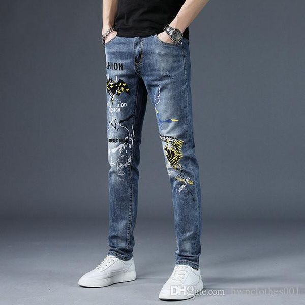 

2020 fashion new high street trend ripped motorcycle jeans light blue distressed slim mens skinny jeans youth pants size 28-38