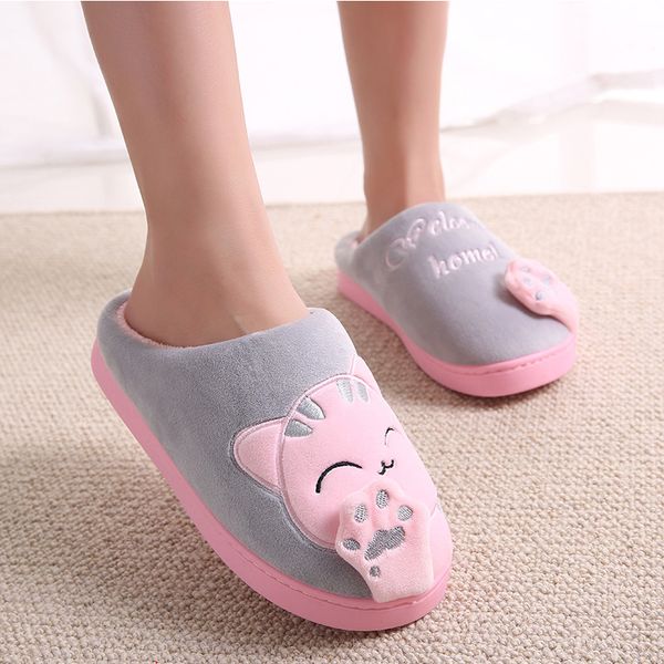 

fashion women slippers winter cartoon cat shoes non-slip soft winter warm house slippers indoor bedroom couples floor shoes, Black
