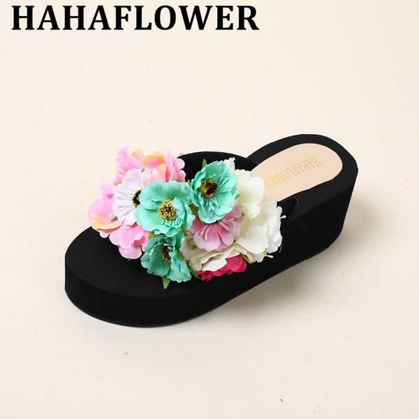 

hahaflower summer women platform shoes woman black colorful handmade flowers soft breathable sandals slope wedges beach shoes