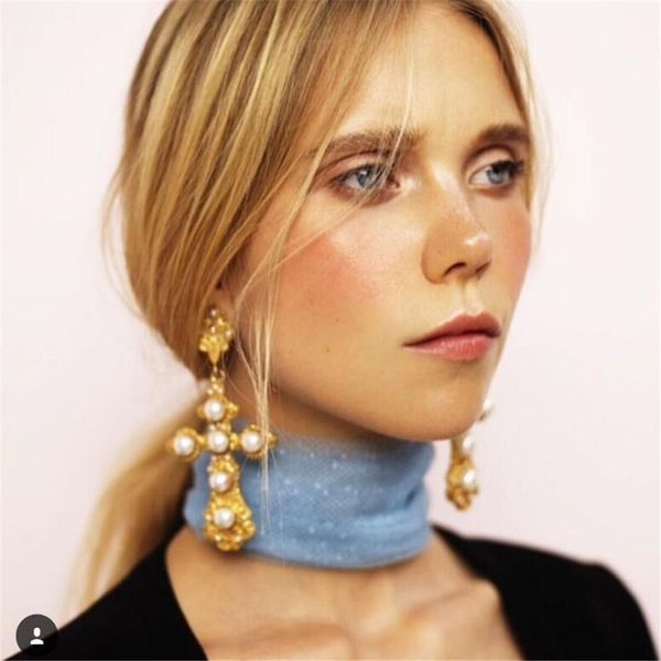 

mhs.sun 1pair/lot pearl cross baroque earring european fashion exaggerated long drop women baroque earring jewelry, Golden