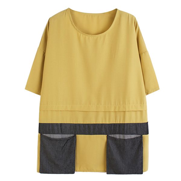 

ewq] 2020 spring summer women yellow pockesplit joint big size t-shirt new round neck half sleeve fashion tide 1t507, White