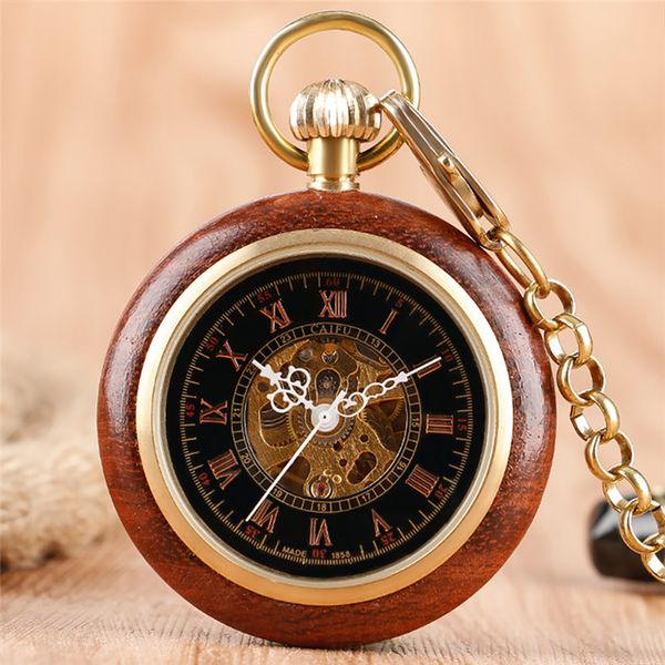 

retro hand winding mechanical pocket watch red wood skeleton dial roman number clock for men women golden pendant chain, Slivery;golden