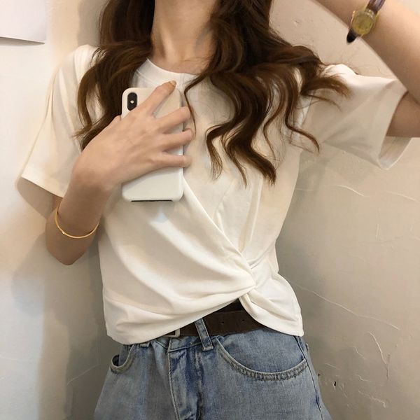 

elegant style small solid color short high waist slim tight t-shirt shorts t-shirt shorts women's short-sleeved super a top, White