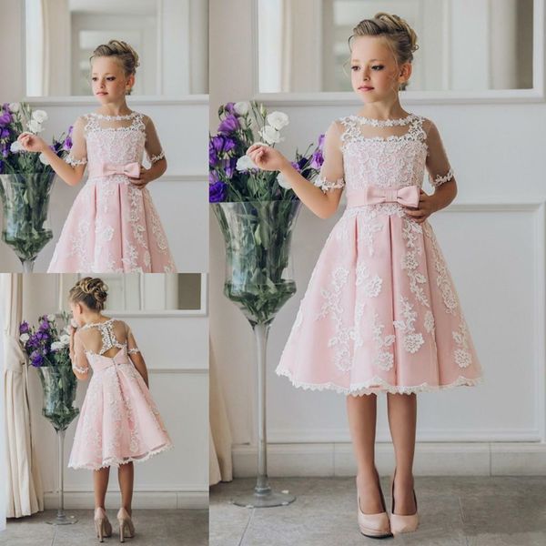 

цветочница платья blush pink lace аппликация половина рукава первое причастие платья для девочек pageant платья партии, Red;yellow