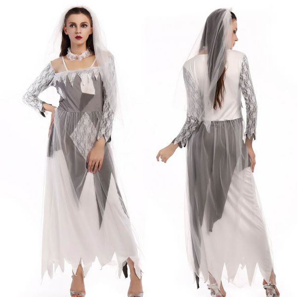 

2018halloween cosplay costume halloween ghost vampire cosplay lace gauze ghost bride costume masquerade white long dress, Black;red