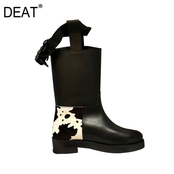 

deat] 2020 round toe zipper buckle strap pu leather cow pattern single shoes women boots new autumn winter fashion tide 10f713, Black