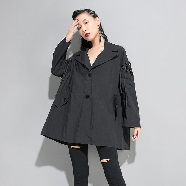 

women autumn print drawstring oversize loose black jacket trench coat female streetwear hip hop gothic black outerwear cardigan, Tan;black