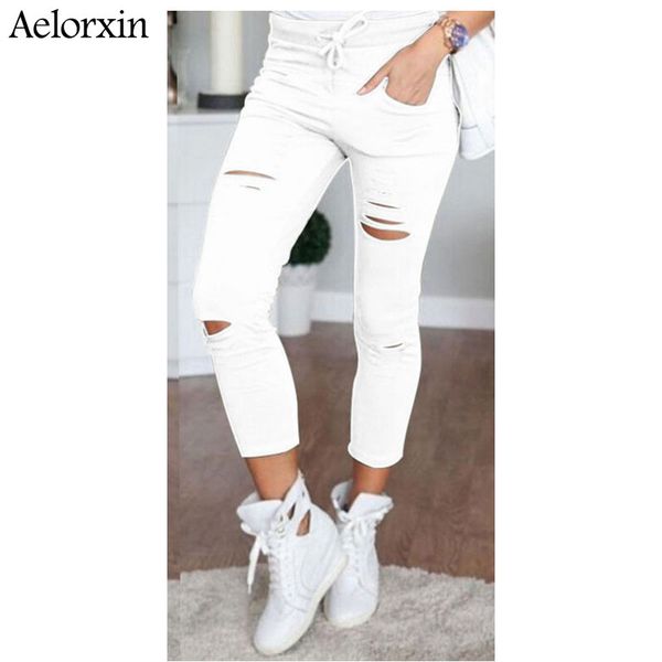 

women's jeans 2021 blast oversized code hole high waist elastic small foot pencil casual cotton nine minutes ladies, Blue